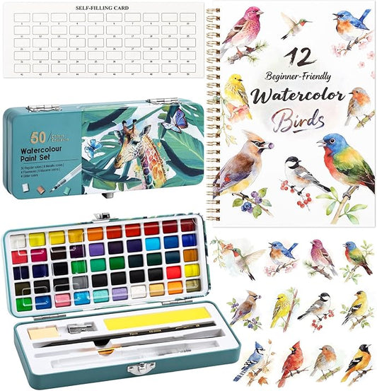 Watercolor Workbook Birds, Water Coloring Book, 12 Different Patterns of Original DIY Designs, 50 Colors Watercolor Paint Set with Palette and Brush, Beginner-Friendly Watercolor Workbooks (Birds)