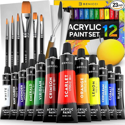 Complete Acrylic Paint Set – 12х Rich Pigment Colors & 6x Art Brushes - Includes 3 Paint Canvases, Palette Knife & Sponge - Perfect for Canvas, Clay, Ceramic - Non-Toxic, Great for Kids & Adults