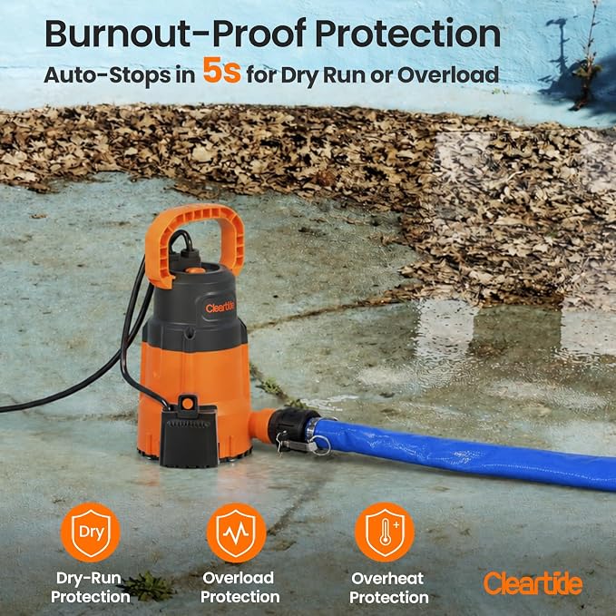 utility submersible pump with water sensor 1/4hp pump with hose, 10ft