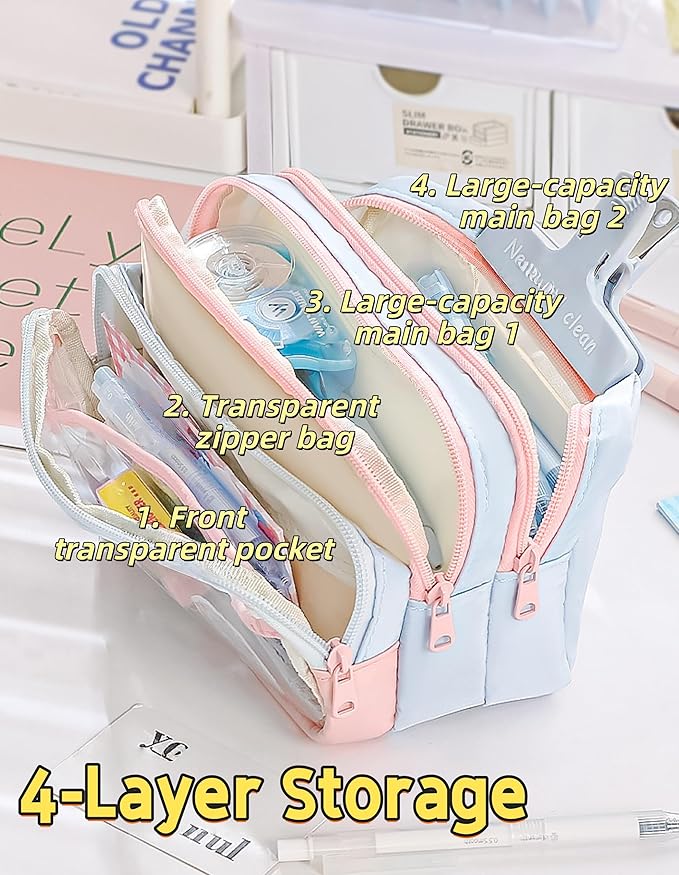4-Layer Transparent Large Capacity Pencil Case - Ins Aesthetic Japanese Style Makeup & Supplies Organizer Pouch (Orange)