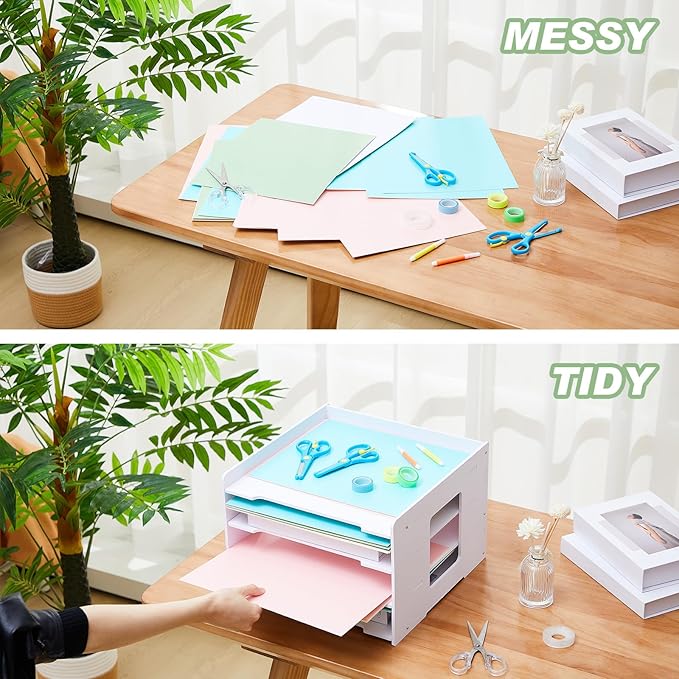 Juexica 4 Tier Scrapbook Paper Organizer 8.3 x 12.6 x 12.6 Inch Stackable Paper Storage Holder for Desk Desktop File Organizer for Home Office Classroom School