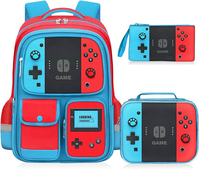 TILYTADLY Kids Backpack for Boys - 3pcs Gamer Boys Backpack with Lunch Box Set for Elementary Middle School - Students Bag for Ages 6-18,17″ Video Game Bookbag Travel Back Pack