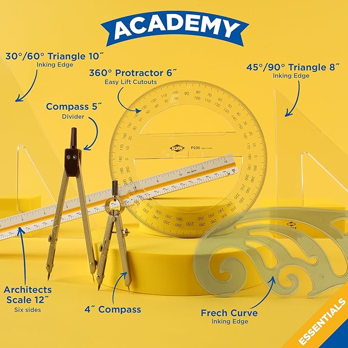 ALVIN Academy Drafting, Drawing and Design Essentials Kit | 13 Pieces | Class Tools for Geometry, Architecture and Engineering Students | - Model DDKE2