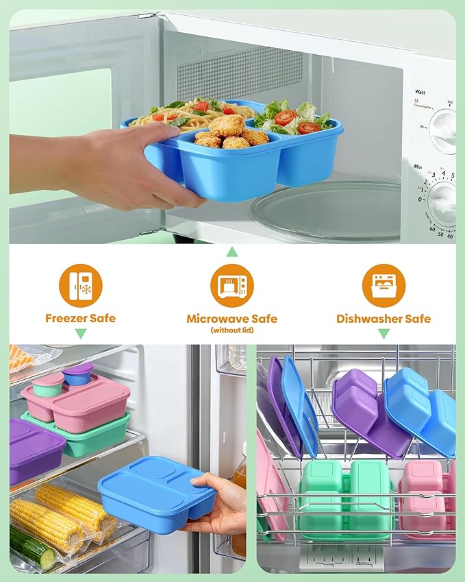 Canfanni 4 Pcs Bento Box Set, Reusable 3 Compartments Snack Boxes with 2 Leakproof Small Containers, Stackable Meal Prep Lunch Containers for School, Work, and Travel