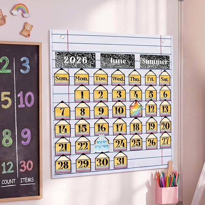Feifeiya Workbook Calendar Pocket Chart with 82 Activity Cards Classroom Learning Circle Time Calendar Teacher Daily Schedule Pocket Chart for Classroom Homeschool Preschool Office Supplies
