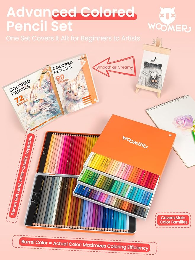 Woomer Premium Colored Pencils 133 Colors Set with 20 Wear-Resistant Paper, 3.8mm Soft Creamy Core for Artists Studios & Blending/Layering (162 Counts, 2 Packs)