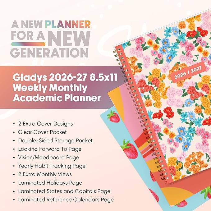 Blue Sky Gen Z 2026-2027 Weekly and Monthly Academic Year Planner Calendar, July 2026 - June 2027, 8.5" x 11", Flexible Interchangeable Cover, Wirebound, Laminated Tabs, Storage Pocket, Gladys