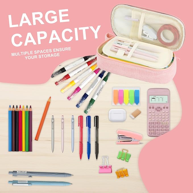 Zzrywuty Pink Aesthetic Pencil Case, Large Capacity Soft Corduroy Stationery Pouch with Handle, Wide Opening Cute Bag & Organizer for School Girls, Teens, Adults