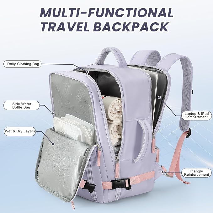 Beraliy Travel Backpack for Women, TSA Carry On Backpack Airline Approved | 16 Inch Laptop Waterproof Hiking Backpack, Casual Outdoor Daypack Bag for College Weenkender Business, Purple