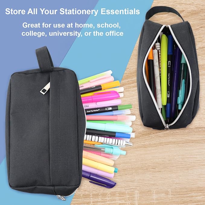 Fashion Stationery Black Pencil Case with Handle, Large Capacity