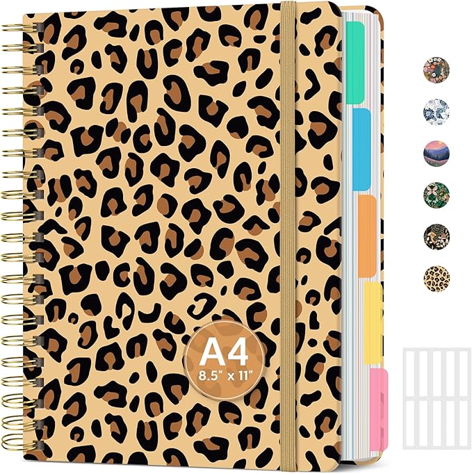 Large Spiral Notebook with Dividers & Tabs, 8.5" x 11" Hardcover 5 Subject Notebook for Work, 280 Pages, College Ruled, Cute Journal for Women, Perfect for Study & Office Note Taking, Leopard