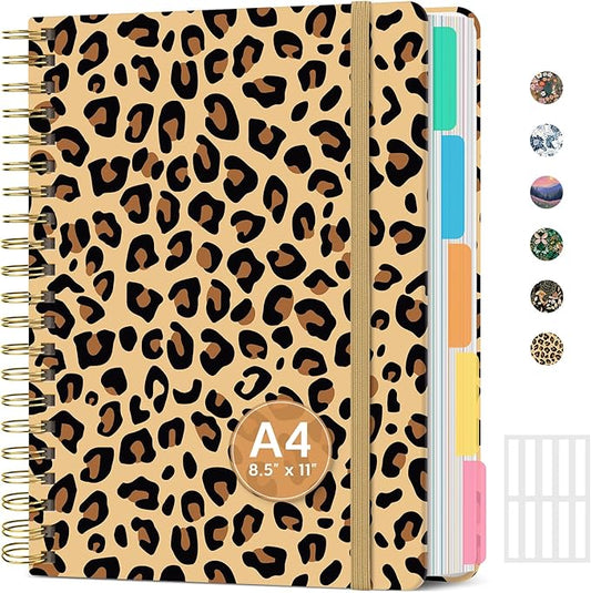 Large Spiral Notebook with Dividers & Tabs, 8.5" x 11" Hardcover 5 Subject Notebook for Work, 280 Pages, College Ruled, Cute Journal for Women, Perfect for Study & Office Note Taking, Leopard