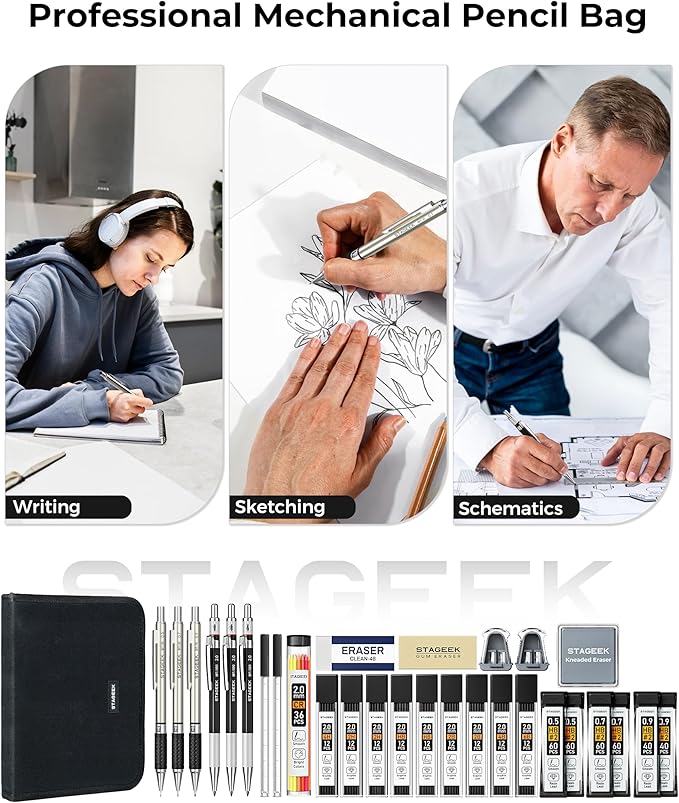 STAGEEK Drawing Pencil Set with Canvas Bag 30 Count, Mechanical Pencils 0.5, 0.7, 0.9MM & 3PCS 2MM Sketch Pencils with 464PCS Lead Refills (6B 4B 2B HB 2H 4H Color) for Artist Drafting Drawing