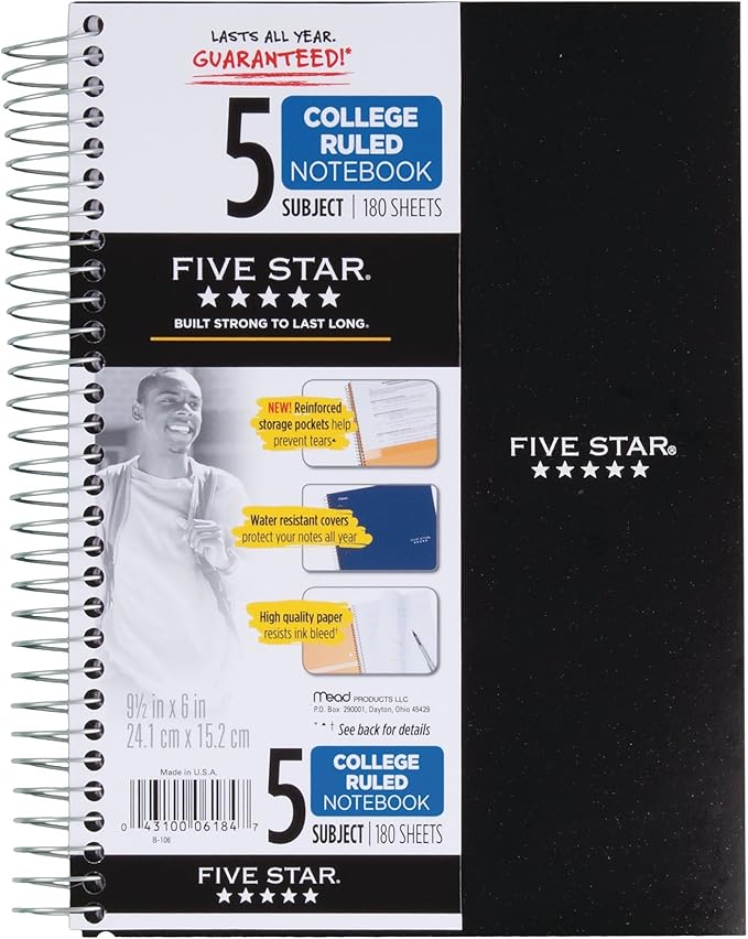 Five Star Spiral Notebook, 5 Subject, College Ruled Paper, 9-1/2" x 6", Black (73655)