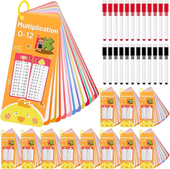 12Set 15Pcs Multiplication Flash Cards, Multiplication Chart 0-12 with 2 Dry Erase Pens 1 Rings, Time Table Flash Cards for 1st to 3rd Grades Fun Learning with Math Game