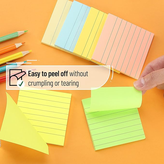 Mr. Pen- Lined Sticky Notes, 3" x 3", 6 Pads, 45 Sheets/Pad, Pastel Color, Sticky Notes with Lines, Ruled Post Stickies, Memo Pads, Self-Stick Note Pad for Office, School, Home, Study & Organization