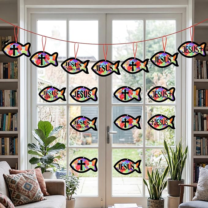 48PCS Sunday School VBS Crafts Bulk: Paper Jesus Fish Nativity Suncatchers, Religious Christian Activity DIY Kits Church Decorations, Window Stained Glass Effect Art Supplies