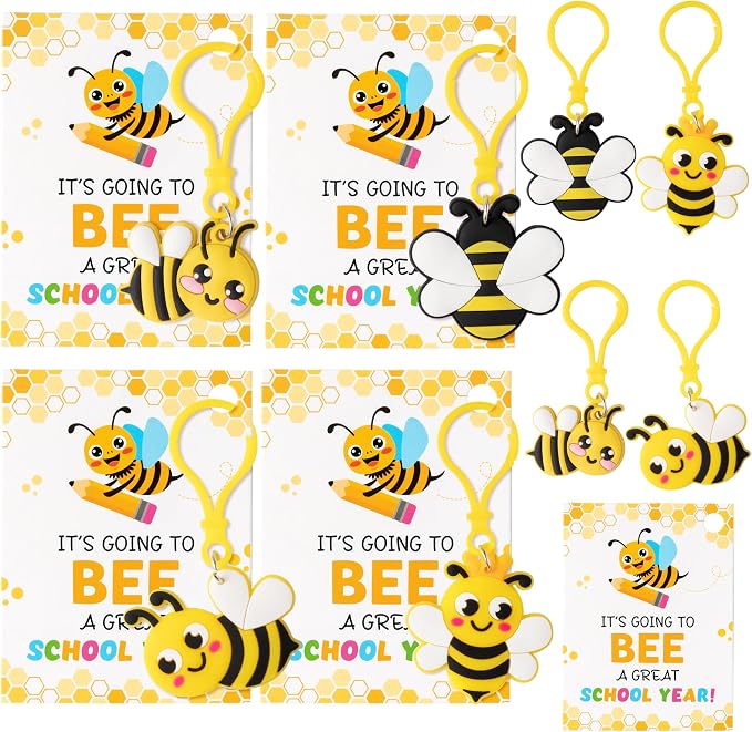 Haooryx Back to School Gift Card with Bee Keychains - 28 Pack Back to School Student Keychain with Greeting Cards Cute Bee Key Ring for Kids First Day of School Gift Class Reward Party Favor Supplies