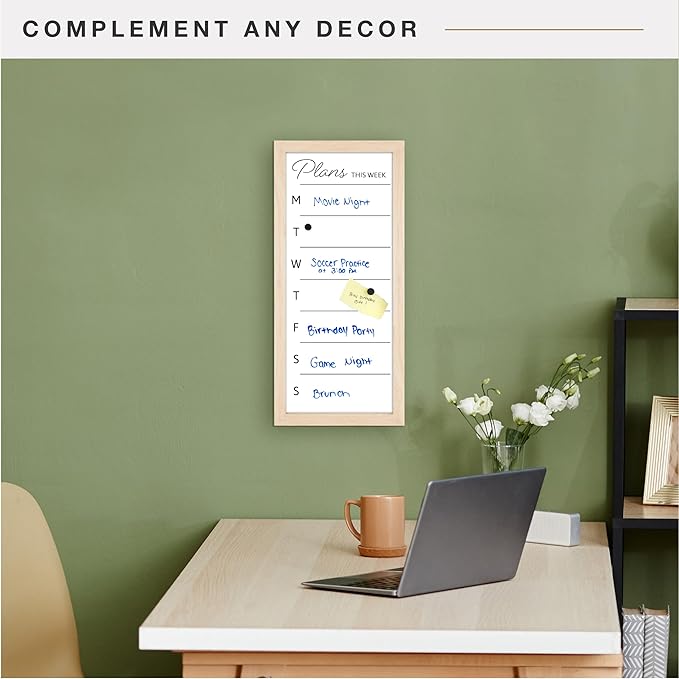 MCS Dry Erase Weekly Planner 11x24 Natural Framed Calander Whiteboard for Wall, Plan Your Week with Family Weekly Planner for Dinners, Sports, Events & More