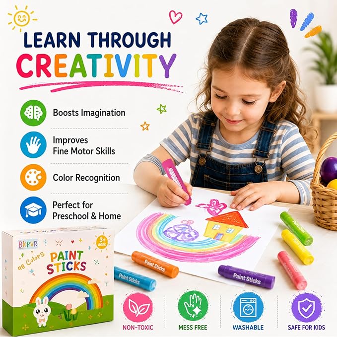 62 Colors Washable Solid Tempera Paint Sticks, Washable Paint Sticks Bulk, Quick Drying, Rainbow Colors Tempera Stick Kids Toddler, Mess Free Art Supplies for Paper Wood Glass Ceramic Canvas