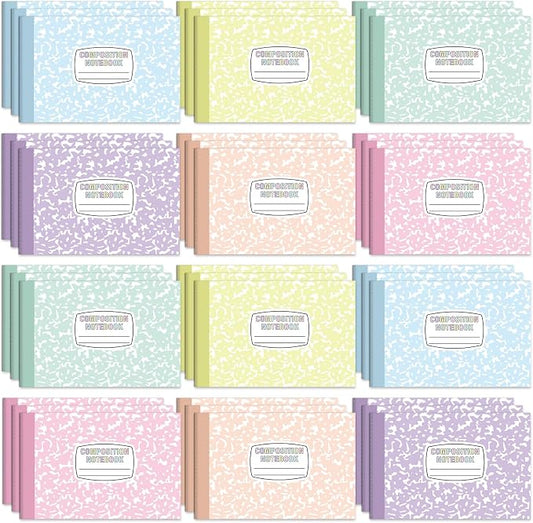 36 Pack Half Size Composition Notebooks Wide Ruled Marble Journal, Pastel