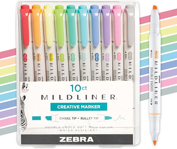Zebra Pen Mildliner Dual-Tip Highlighter Marker Set, Broad and Fine Tips, No Bleed, Ideal for Bible Highlighting, Journaling and Note-Taking, Fluorescent and Cool Ink Colors, 10-Pack (78101)