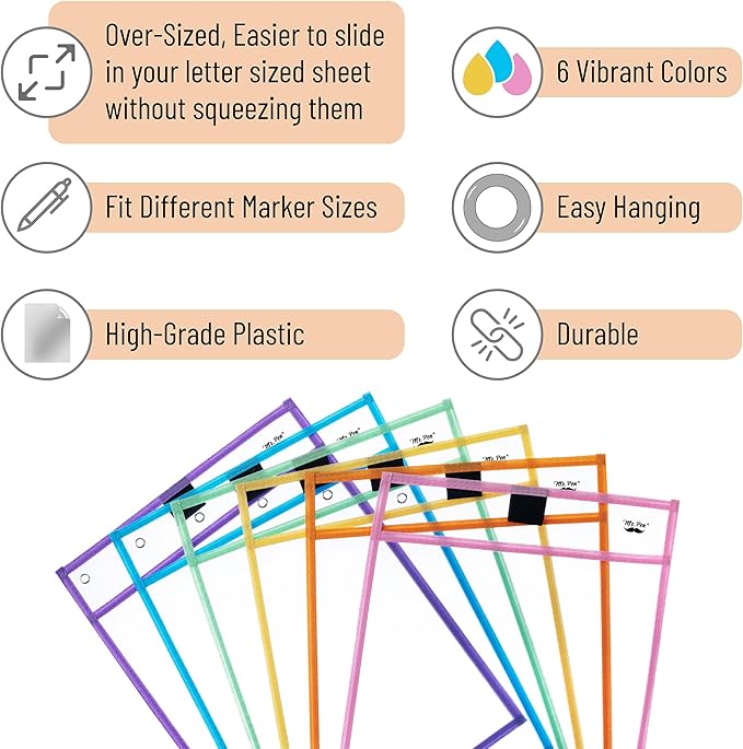 Mr. Pen- Reusable Dry Erase Pocket Sleeves, 10" x 14", 6 Pack, Pastel Colors, Clear Plastic Paper Sleeves, Ticket Holders, Clear Plastic Sheet Protectors, Teacher, School, Classroom Supplies