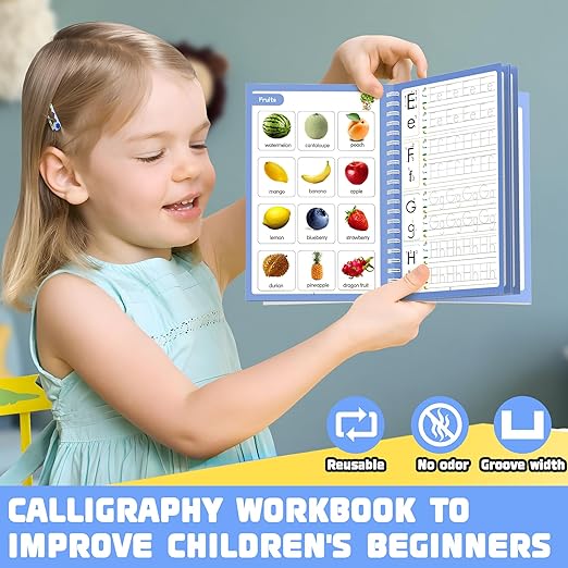 Magic Grooved Writing Practice|Grooved Handwriting Practice for Kids|Grooved Writing Books for Kids 3-5/3-10|4-in-1 Set with 2 Grips, 10 Disappearing Refills|Reusable ink Pen Control Training.