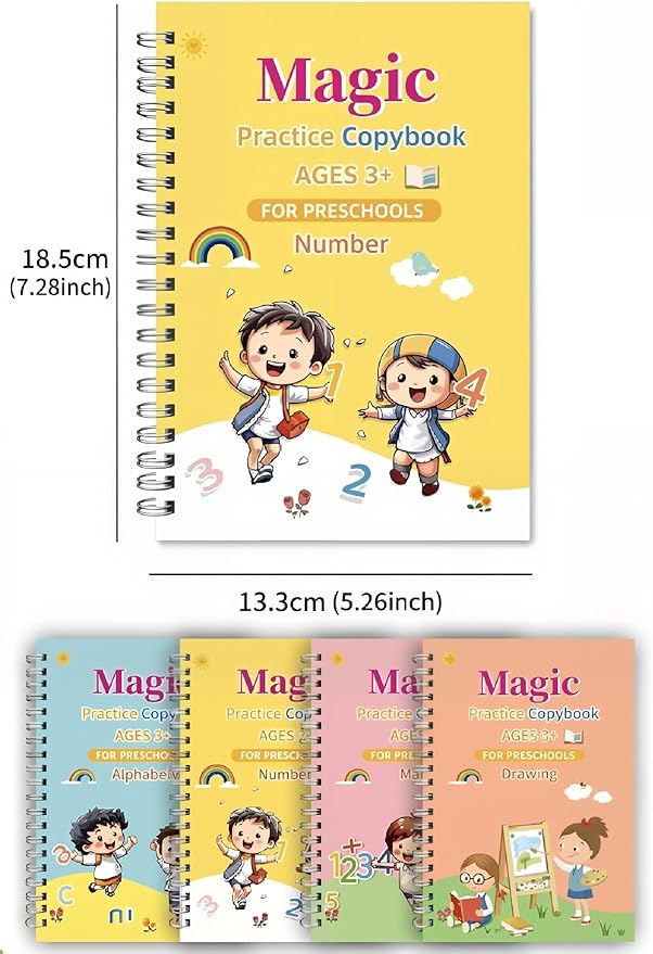 Magic Grooved Writing Practice Books for Kids 3-8, Reusable Handwriting Practice Copybook Set with Disappearing Ink, 4 Pack Preschool Writing Kit for Alphabet Number Math Drawing