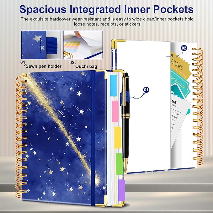 Spiral Journal Notebooks for Work, 300 Pages 5 Subject Notebook College Ruled with Dividers & Tabs, A4 Notebook Journal for Women Students Note-Taking and Organizer (Starlit Meteor)