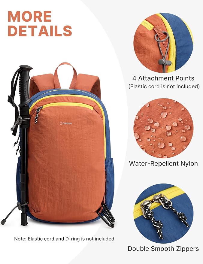 G4Free 15L Hiking Backpack Lightweight Small Daypack for Women Men | Padded Back&Strap, with Chest Strap, for Travel Outdoor Campus, Orange