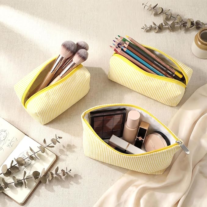 Huhumy 3 Pcs Makeup Bag Set Cute Stripe Cosmetic Pouch for Women Aesthetic Seersucker Travel Toiletry Bag Set Preppy Small Makeup Purse Pouch Cosmetic Organizer Pencil Case with Zipper(Yellow)