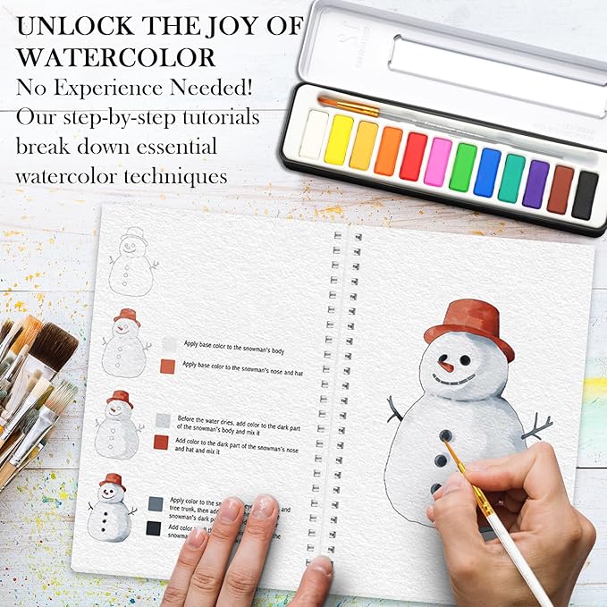 Watercolor Workbook, Watercolor Workbook Paint Book Beginner Friendly with 12 Patterns, Beginner-Friendly Watercolor Workbooks with 12 Paint Colors & Brush, Water Color Paint Set, Valentine's Day Gift