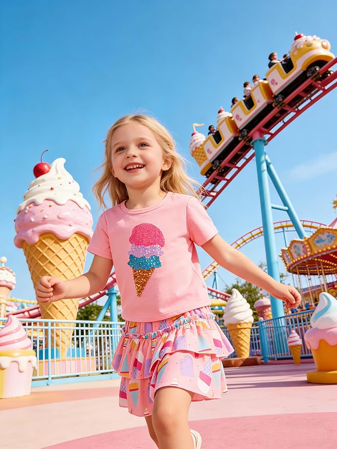 Little Girls Skirt Set - 2 Piece Short Sleeve Top Shirred Tiered Skirt Outfit Girls Spring Summer Clothes 3-8 Years