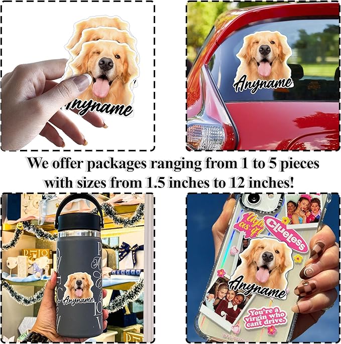 Custom Photo Stickers Personalized Pet Name Text Picture Add Your Image Stickers Dog Cat Waterproof Vinyl Decal for Water Bottles Tumbler Laptop Hard Hat Car Kindle Gifts for Girl Boy Pet Lover
