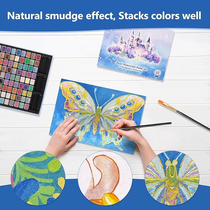 CraftyManor Mini Glitter Watercolor Paint Set with Paper, 108 Colors Shimmer Metallic Watercolour Painting Sets, Solid Pearl Water Color Paints, 1ml Trial Package(1ml 108 Colors)