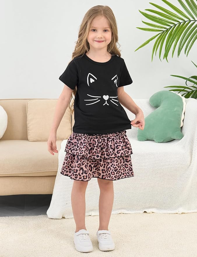Little Girls Skirt Set - 2 Piece Short Sleeve Top Shirred Tiered Skirt Outfit Girls Spring Summer Clothes 3-8 Years