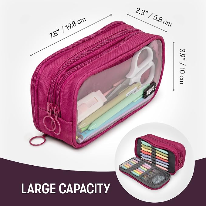 ZIPIT Half & Half Pencil Case for Girls, 3-Compartment Zipper Pouch | Clear-front pencil case for school, dedicated organizer panels, holds up to 70 pens & pencils, durable easy-care polyester