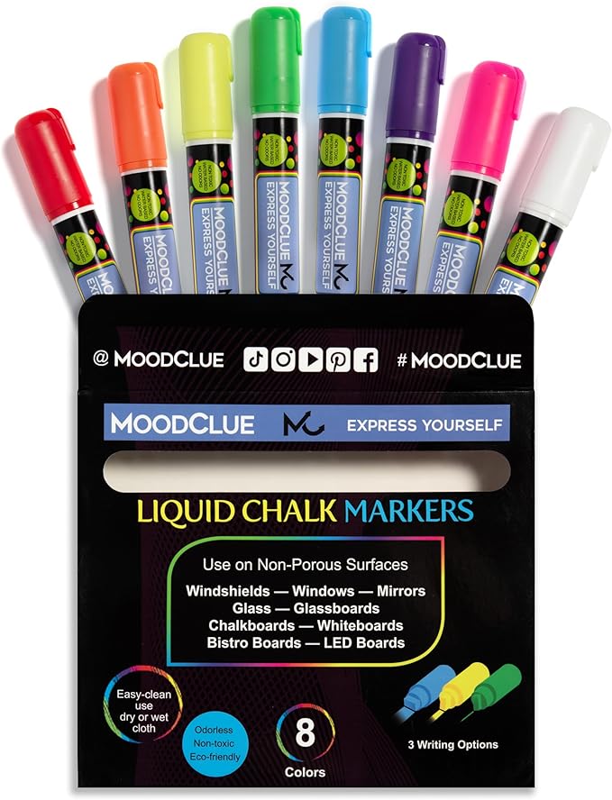 10mm JUMBO Tip Liquid Chalk Drawing Markers for Car Windows, Auto Windshields, Mirrors, White Boards, Retail + Restaurant Signs. Erasable Chalk Markers – Washable – Neon 8pck - 3 writing options