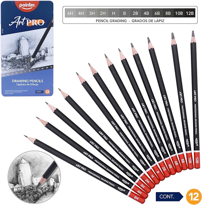 Pointer Art Pro Drawing Pencils Set, 12 Graphite Pencils 6H-12B, Professional Artist Sketching Kit
