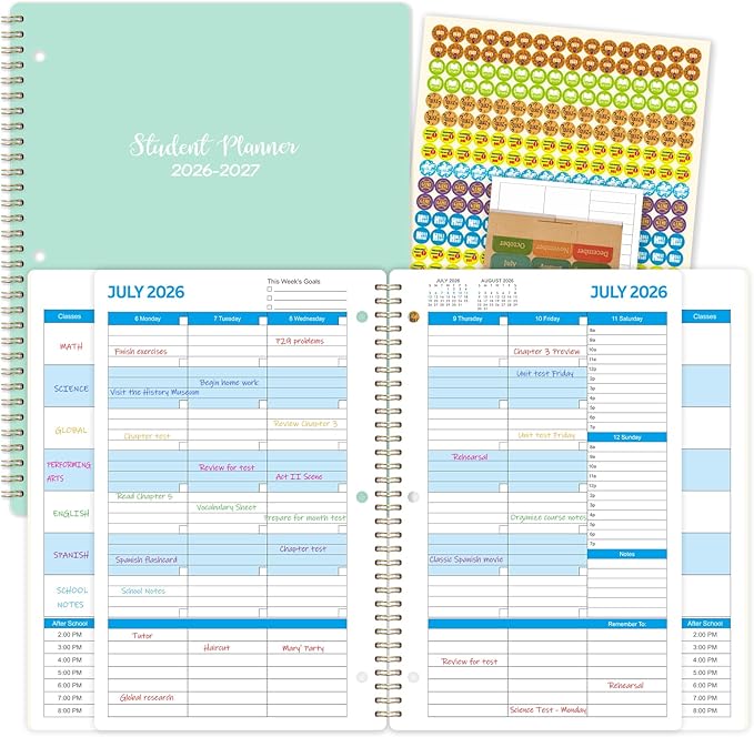 Student Planner 2026-2027 - School 2026-2027 Planner with Customized Subject Boxes, July 2026 - June 2027, 8.5" × 11", Academic for School, 3 Different Stickers, Back Pocket