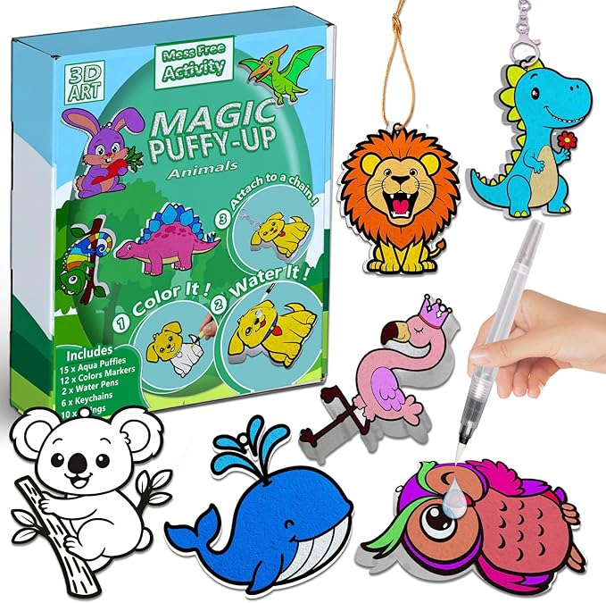 mom&myaboys 3D Aqua Puff Art Kit for Kids - Mess-Free Magic Water Painting Craft, DIY Color & Inflate Animals Activity, Creative Travel Gift for Girls & Boys Ages 4-10 (Animal-Zoo)
