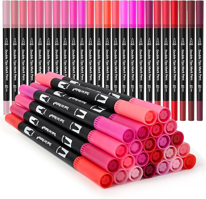 Red&Pink Dual Tip Brush Pen,Colored Fine & Brush Calligraphy Pens,Dual Tip Pink Markers for Adult Coloring Books Drawing Planner Calendar Art Sketch Outlining Sketching Calligraphy
