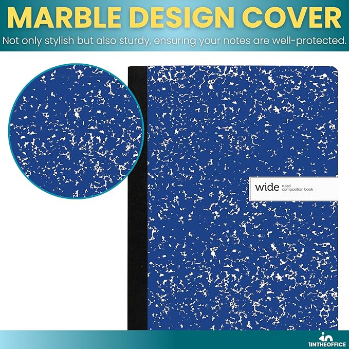 1InTheOffice Composition Notebook Wide Ruled, Wide Ruled Notebook, Marble Notebook, 7 1/2" x 9 3/4", 100 Sheets/Pack, Blue, 2 Pack