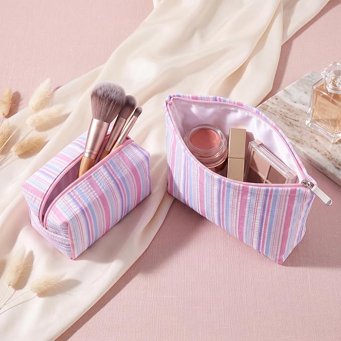 Huhumy 2 Pcs Striped Makeup Bag, Travel Toiletry Bag for Women, Aesthetic Cute Colorful Cosmetic Pouch, Seersucker Storage Organizer for Accessories, Essentials, Toiletries (Pink Purple Blue)