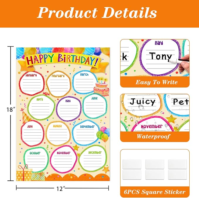 FaCraft Birthday Chart for Classroom - Happy Birthday Poster Reusable Birthday Calendar Laminated Classroom Birthday Chart Classroom Bulletin Board Decorations Back to School Supplies