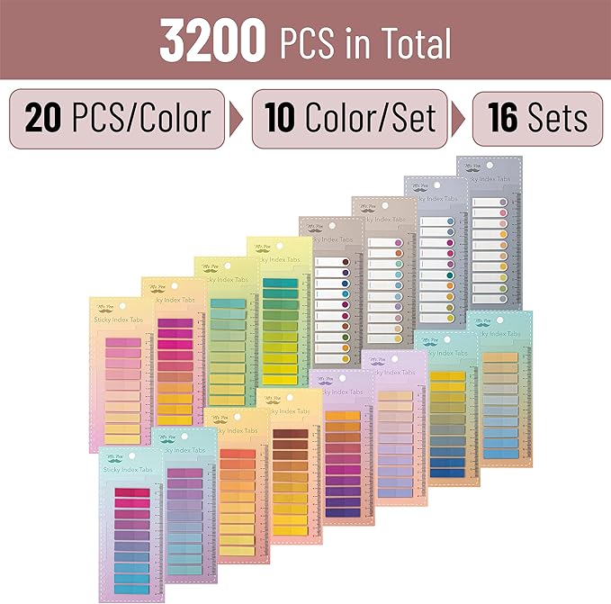 Mr. Pen- Colorful Sticky Tabs, 16 Sets, 3200 pcs, Translucent Page Markers, Water-Resistant Book Tabs for Annotating, Bible Study, Planning, Indexing & Document Organization
