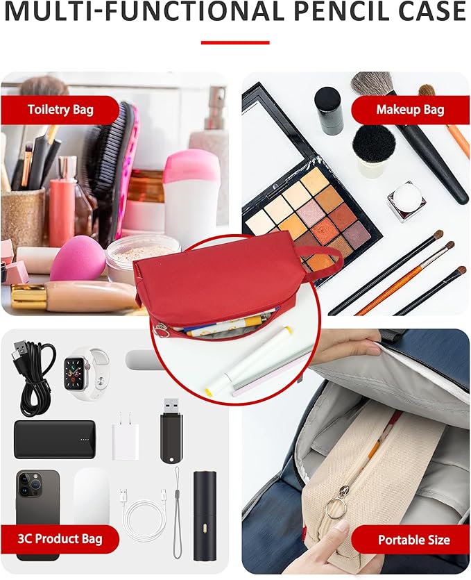 Fmeida Pencil Case Pouch - Water Resistant Pencil Pouch Portable Pencil Bag Simple Office Stationery Pouch with Handle Christmas Gifts - Red