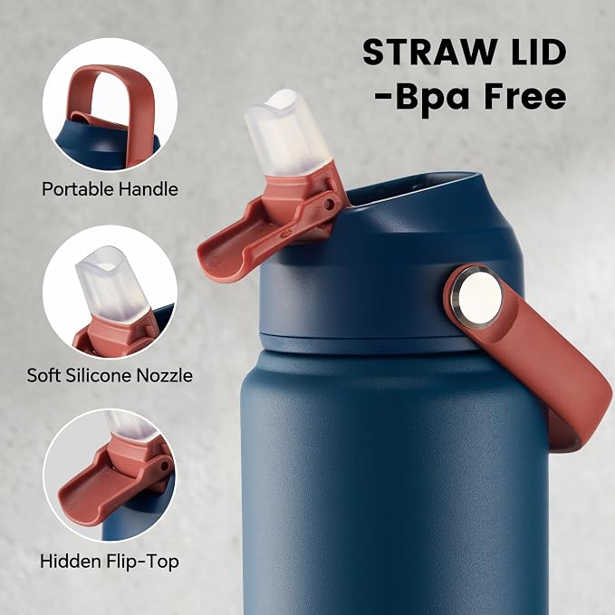 Fijinhom 24 oz Insulated Water Bottle with Straw Lid, Stainless Steel Water Bottles, Double Wall Vacuum, Portable Handle & Non-slip Bottom, BPA Free Leak Proof Metal Bottles, Keep Cold 24H, Sapphire