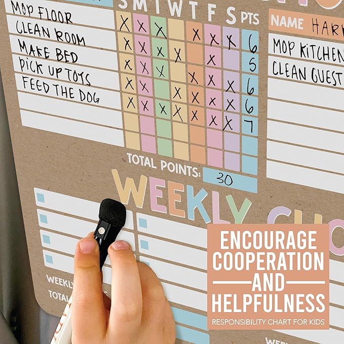 Hadley Designs Magnetic Chore Chart for Kids Multiple - Chores Board for Refrigerator, Dry Erase Task Chart for 2 Kids Daily Behavior, Family Weekly Planner for Teens and Adults, Kraft Chore Board